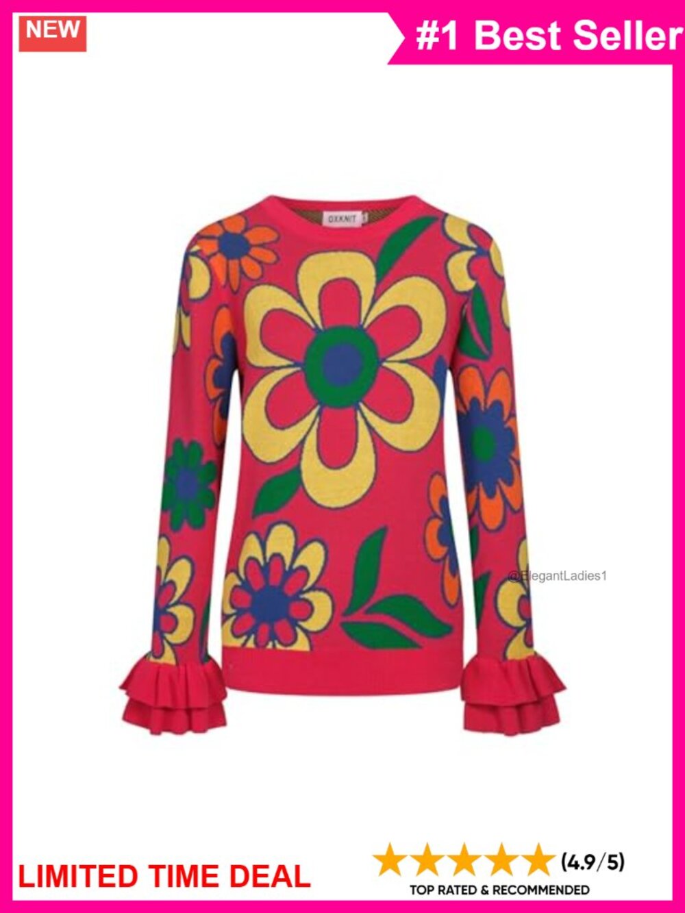 Retro Floral Knit Pullover Sweater Crewneck Ruffled Cotton Long Sleeve Women